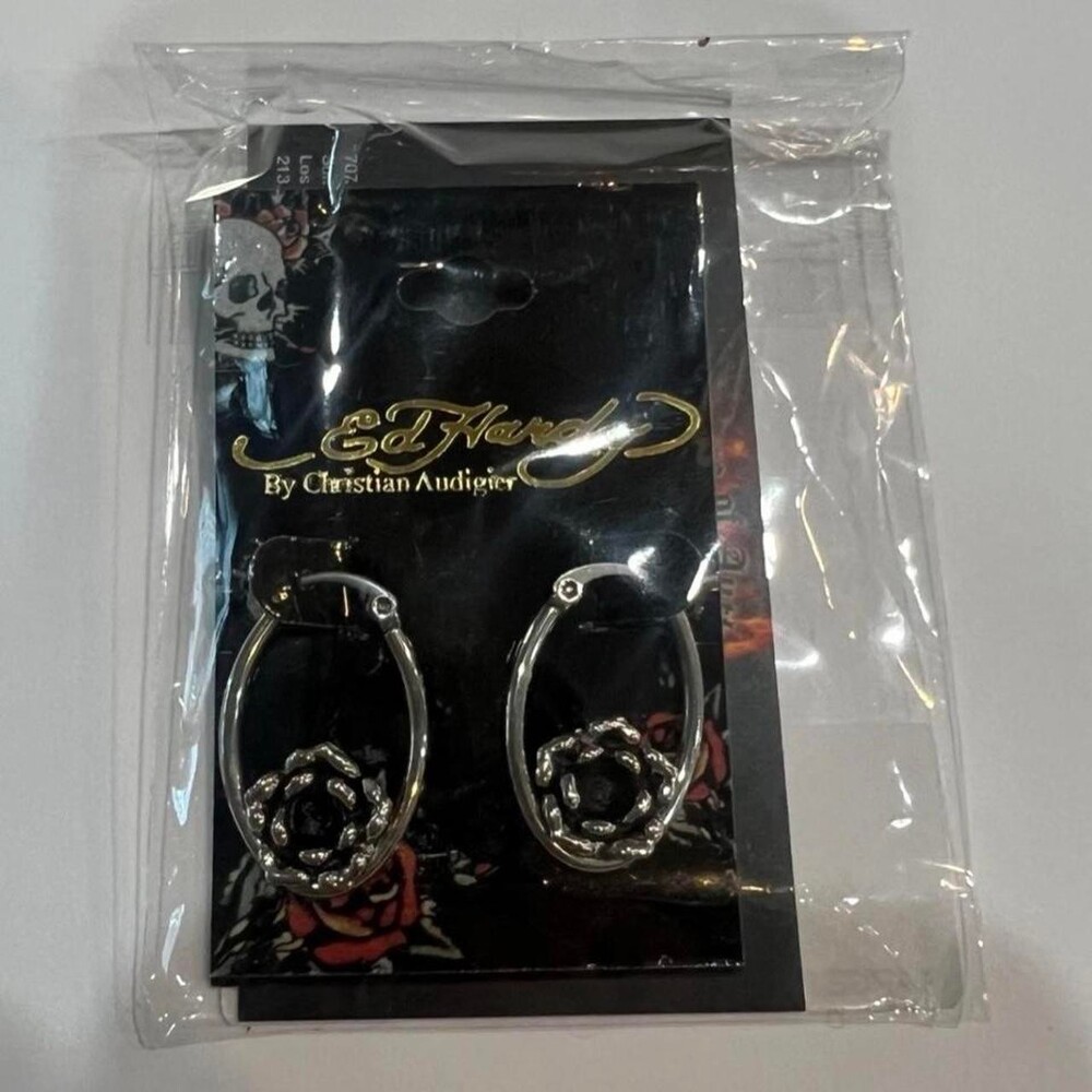 Ed Hardy Floral Oval Hoop Earrings Y2K Silver Tone NEW